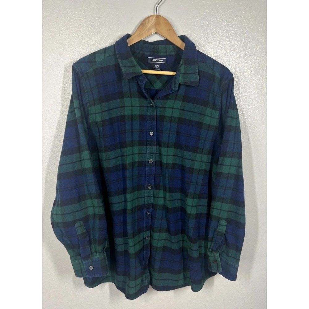 Lands' End Plaid Flannel Tunic Top‎ Long Sleeve Womens 22W Green Blue